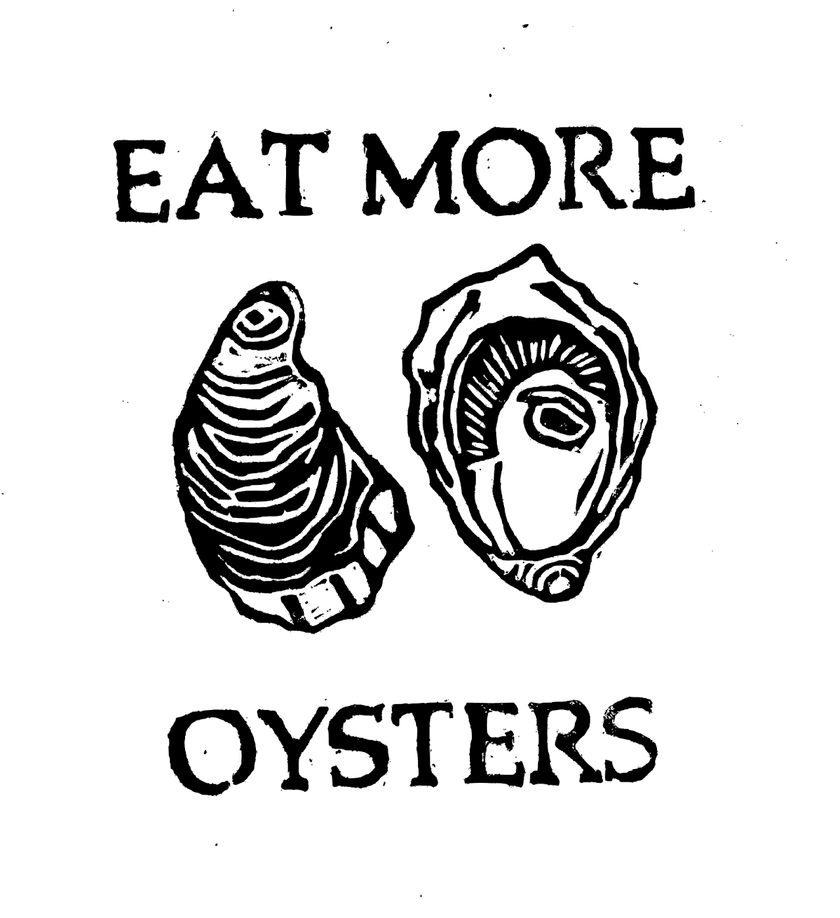 Eat More Oysters - a linocut print of two oyster shells